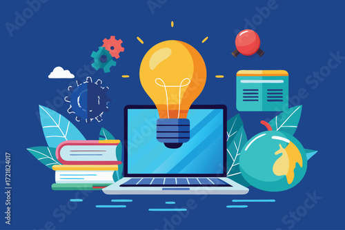 Creative workspace design with light bulb, laptop, books, and educational icons in a vibrant blue background
