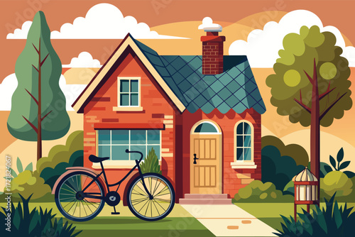 Charming brick house with bike and lush garden under a colorful sunset sky