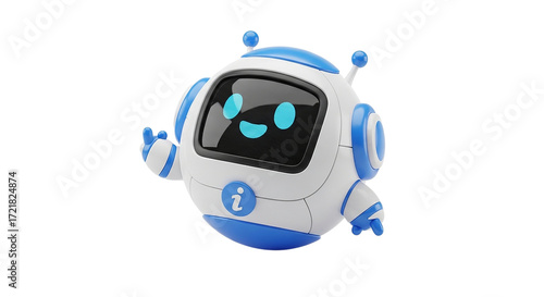 Cute cartoon robot with a friendly face and blue accents on a black background