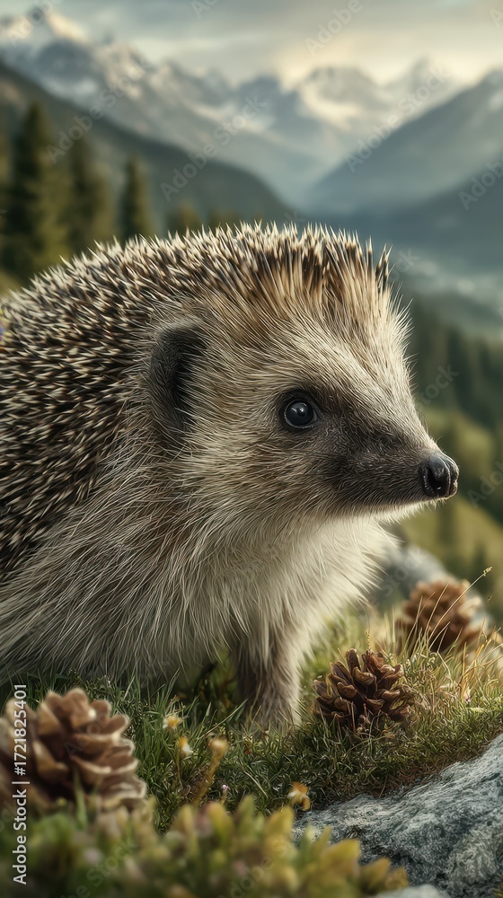 Fototapeta premium Hedgehog exploring a mountainous landscape with pinecones and distant peaks during golden hour light