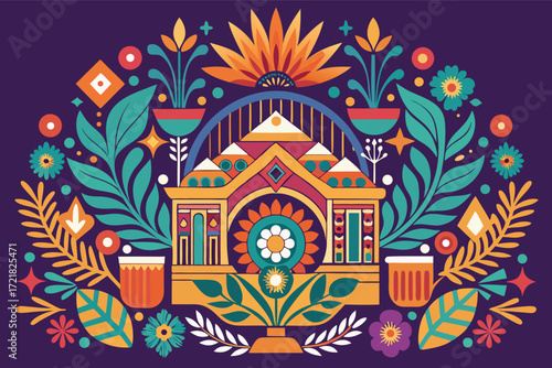 Colorful decorative illustration featuring a pyramid and vibrant floral elements in a stunning design