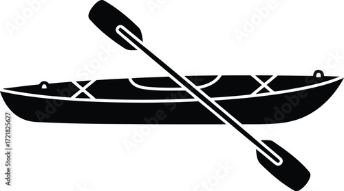 Simple black and white illustration of a kayak with two paddles