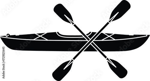 Black silhouette of a kayak and two paddles crossed over it