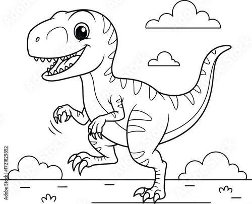 Cute Cartoon Velociraptor Dinosaur Running - Black and White Line Art for Coloring Book