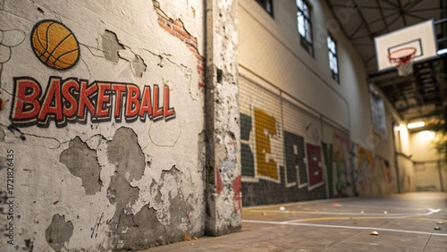 Urban graffiti wall with the word BASKETBALL, blurred basketball hoop court.