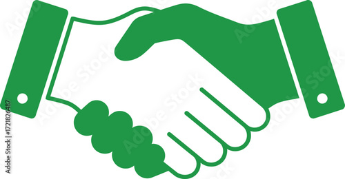A green illustration depicting two hands firmly shaking in agreement
