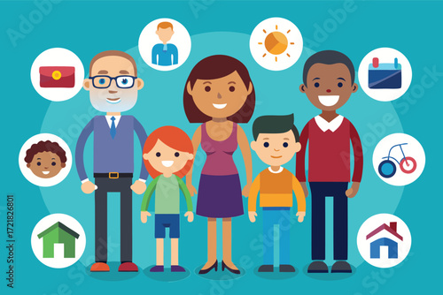 Diverse family group displaying different hobbies and interests in a colorful setting