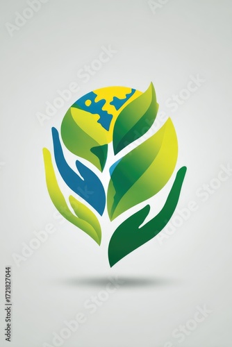Human hands holding planet earth globe with green leaves logo design on white background. Environmental ecology issues, save the world concept