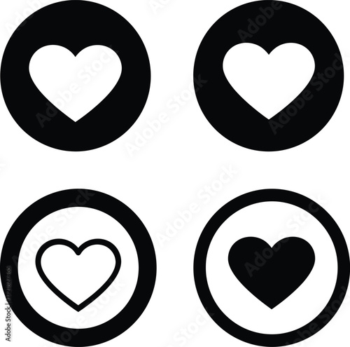 Four black and white heart icons within circular frames displayed clearly