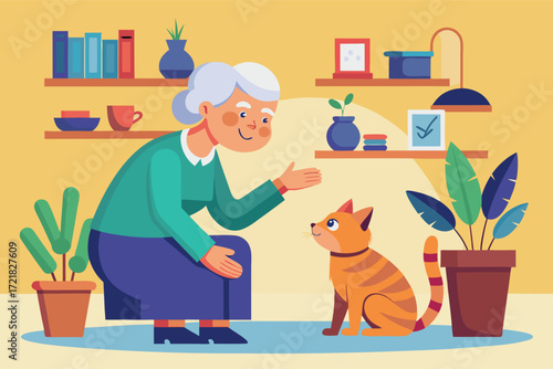 Elderly woman plays with her friendly orange cat in a cozy indoor setting filled with plants and books