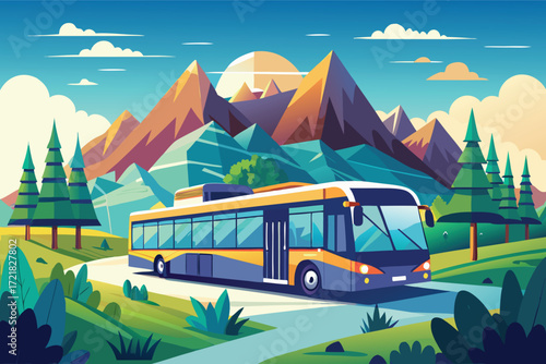 Scenic mountain landscape with a colorful bus traveling through lush greenery and towering peaks