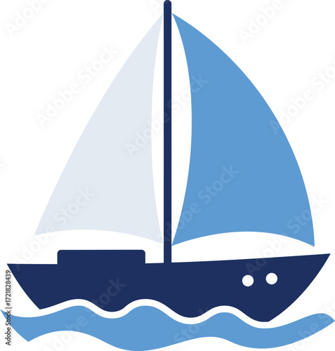 Simple blue sailboat icon gliding over a light blue wavy water surface