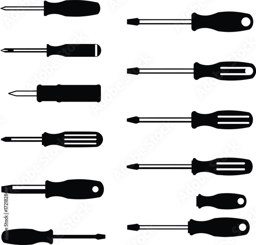 A collection of black and white screwdriver tools displayed in a grid