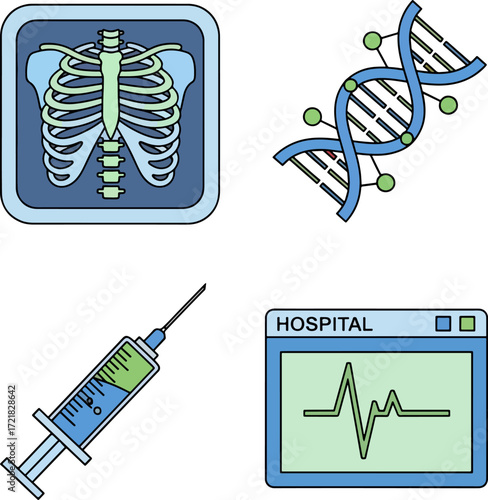 Medical symbols representing healthcare and diagnostics displayed in a clean, modern style, conveying a sense of trust and innovation.