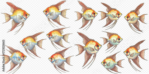 An illustrative pattern featuring a school of colorful orange and white koi angelfish swimming.
