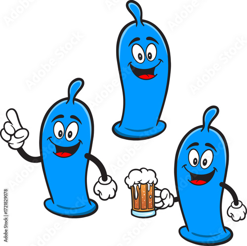 Condom Mascot Set 01, Hand Drawn illustrations of Condom Mascots in various poses.
