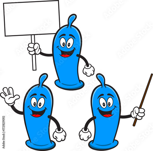 Condom Mascot Set 02, Hand Drawn illustrations of Condom Mascots in various poses.