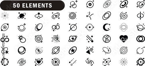 cosmic galaxy space icon set with black and white abstract planets orbits stars and astronomy vector design elements
