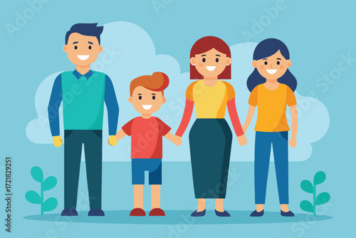 Joyful family poses together against a blue sky with clouds, showcasing love and togetherness in a cheerful scene