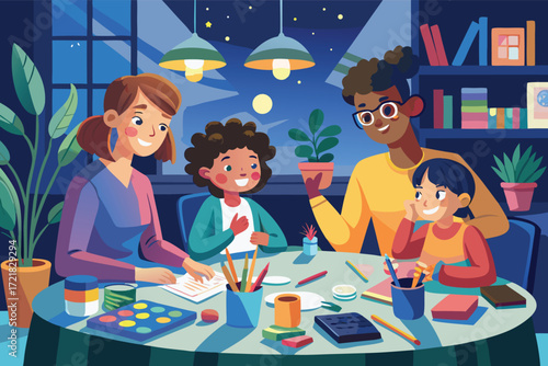 Family enjoys creative art night together at home under cozy evening lights