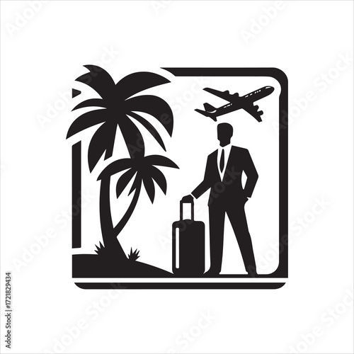 Silhouette of a Traveling Businessman with Palm Trees and Airplane Ready to Fly.