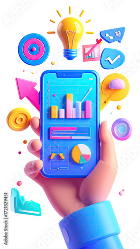 Hand holding a smartphone with various colorful icons