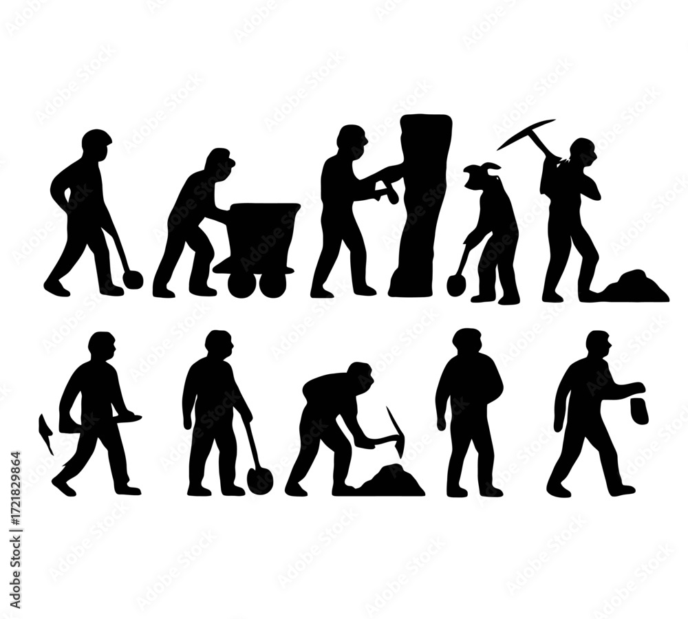 Fototapeta premium Silhouettes of Miners in Various Work Activities