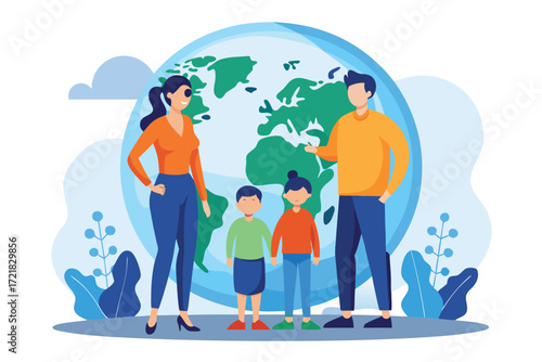 Family stands together in front of a colorful globe representing global education and awareness