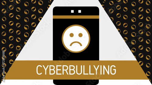 Illustration showing a smartphone with a sad face icon and the word cyberbullying on a golden banner on transparent background silhouette