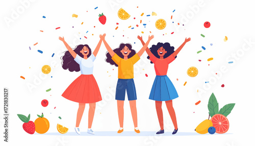 Three joyful women celebrating with arms raised, surrounded by colorful confetti and fresh fruit slices, embodying happiness and friendship.