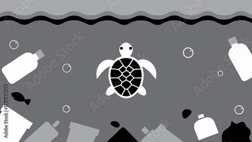 Illustration of a turtle swimming in polluted water with plastic bottles and a fish in grayscale tones on transparent background silhouette