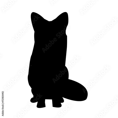 A clean, bold silhouette of a fox sitting, facing away from the viewer, against a plain white background.