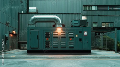 Industrial Generator Unit Operating with Intermittent Flashing Lights, Providing Essential Power, Robust Machinery in an Urban Service Area