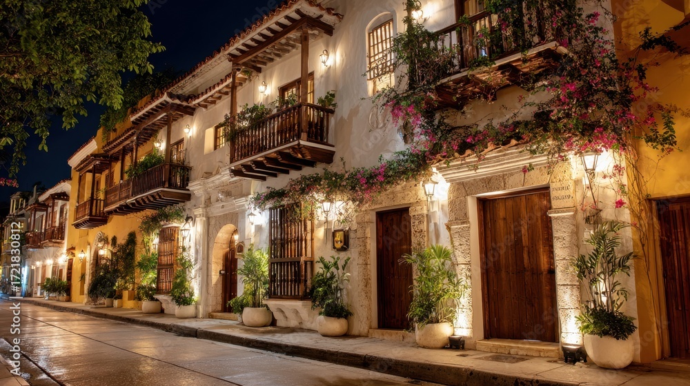 Fototapeta premium Beautiful colonial street at night