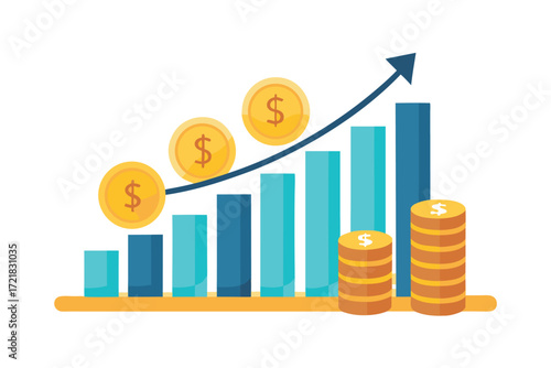 Growth in financial investments displayed through bar and coin graphics in a colorful design