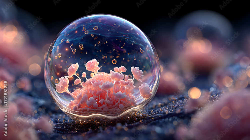 Naklejka premium transparent bubble with cosmetic essence liquid containing molecule inside skincare serum fluid representing beauty ingredient science concept molecular structure and cosmetic solution