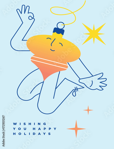 Vibrant illustration of a cheerful holiday ornament character joyfully leaping and giving an 'OK' sign, spreading festive cheer and wishing happy holidays