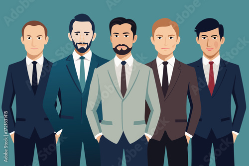 Group of five well-dressed men standing confidently together in a modern setting