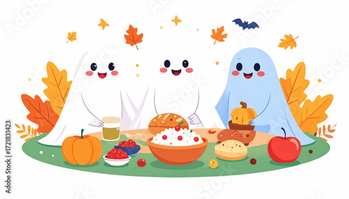 Whimsical Halloween Ghosts Celebrating an Autumn Feast with Seasonal Delicacies and Falling Leaves