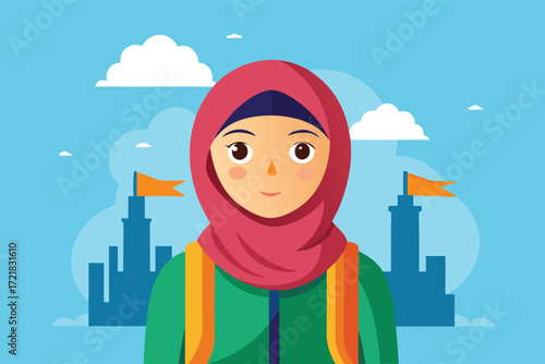 Young woman in hijab with a city skyline background and bright blue sky during a sunny day