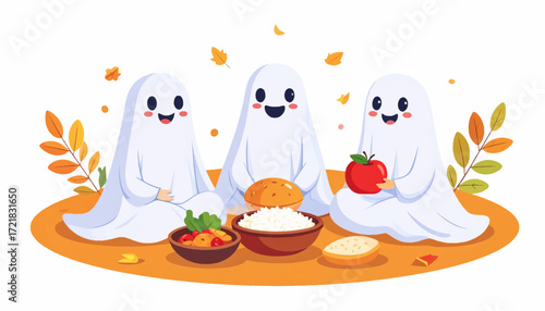 Charming cartoon ghosts enjoy a delightful autumn picnic, sharing bowls of rice and fresh apples amidst falling leaves, celebrating friendship and the cozy fall season with cheerful smiles