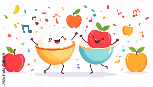Whimsical Apples and Rice Bowl Characters Dancing with Musical Notes and Confetti