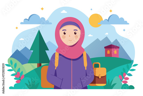 Outdoor adventure with a girl in a hijab surrounded by mountains and trees during a sunny day