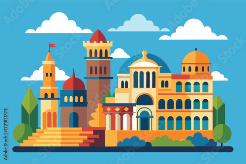 Colorful cityscape featuring historical buildings and towers under a bright sky