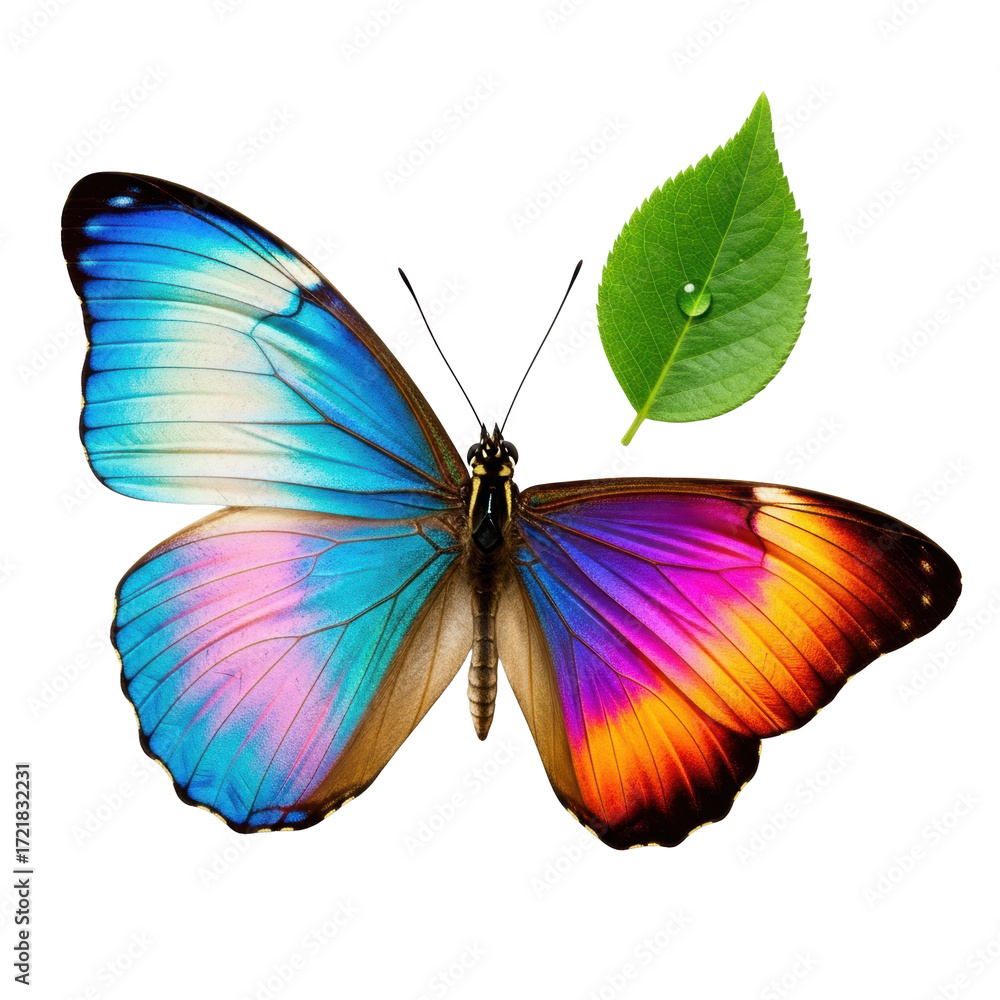 Obraz premium A vibrant iridescent butterfly with colorful wings and detailed body, next to an emerald leaf with a dewdrop, on a transparent background, top-down macro flat lay, concept of natural beauty and