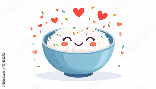 Adorable bowl of fluffy white rice with happy face, surrounded by falling hearts and confetti