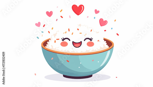 A Kawaii Bowl of Rice with Hearts and Confetti, Representing Joy and Delicious Food