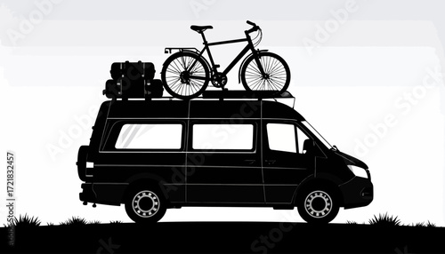 Silhouette of a Van with a Bike on the Roof, Ready for Adventure and Travel