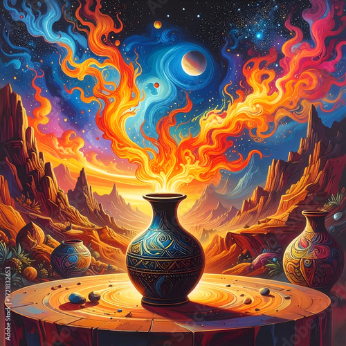 Cosmic Flames Embrace Ancient Pottery in Desert Landscape.