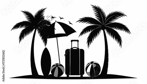 Travel essentials silhouette Palms, umbrella, luggage, and beach accessories for a perfect getaway